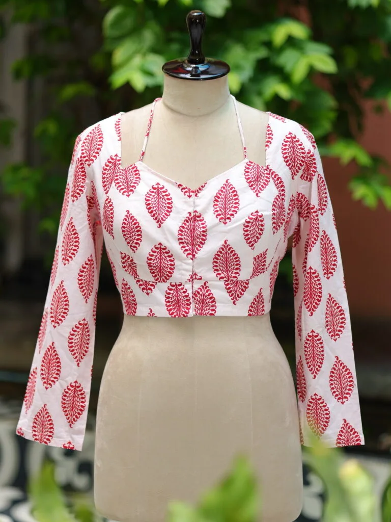 Block Halter – Blouse in white & red, front view | Tilattama