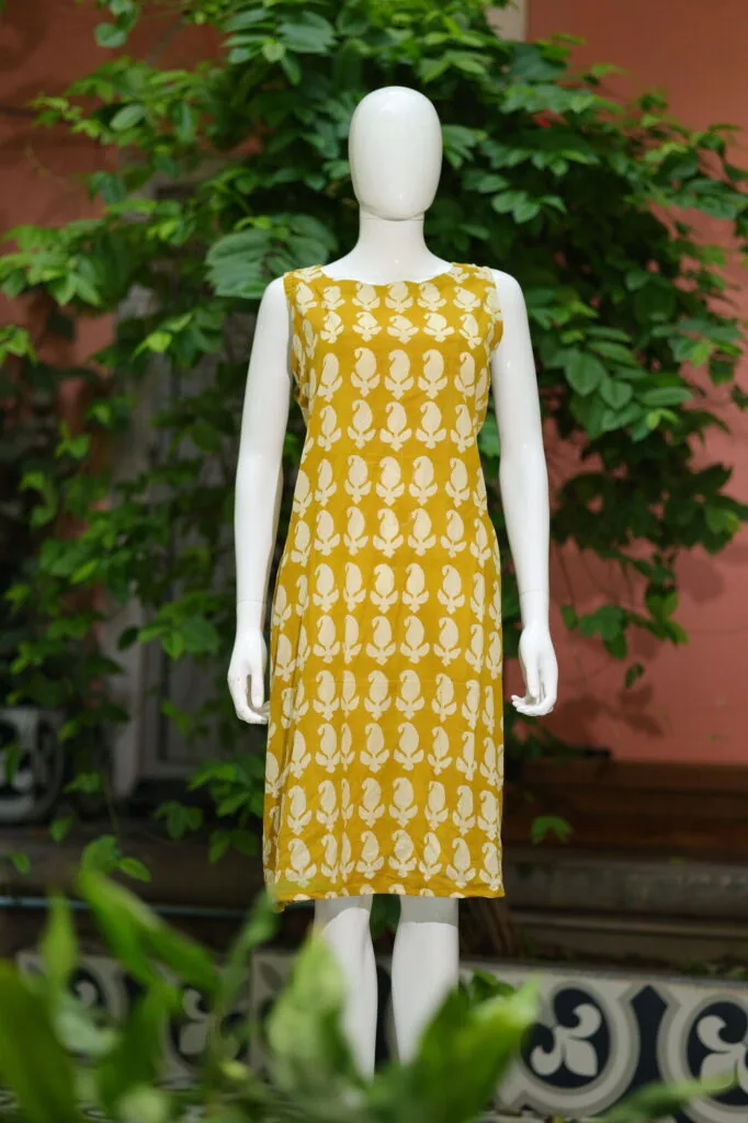 Blooming Bagru One Piece – Kurti in Neon Pista, front view | Tilattama
