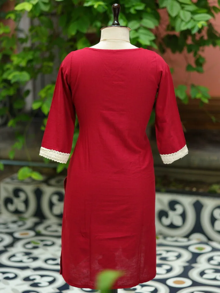 Boho Sanjh – Kurti in Maroon, back view | Tilattama