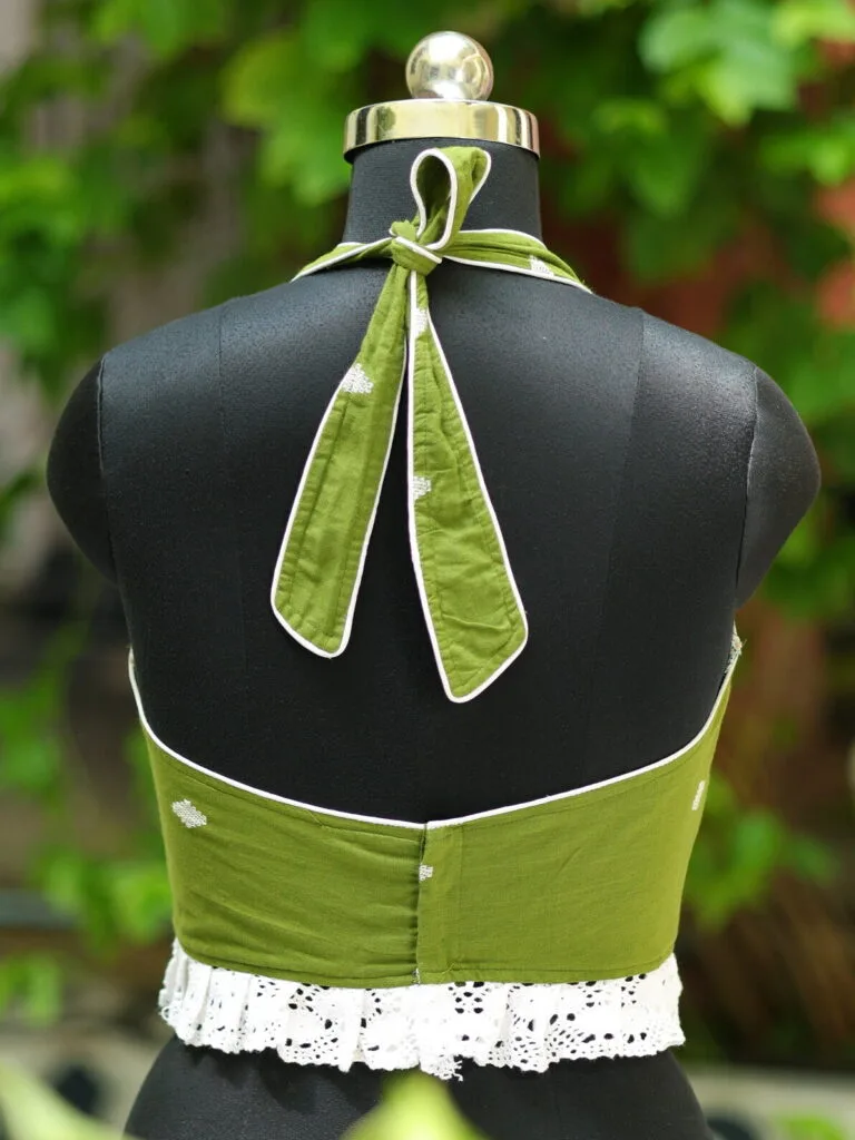 Bow Backless Jamdani Halter – Blouse in Pista, back view | Tilattama