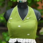 Bow Backless Jamdani Halter – Blouse in Pista, front view | Tilattama