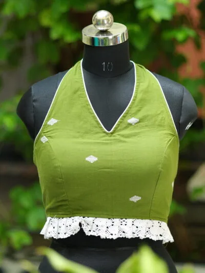 Bow Backless Jamdani Halter – Blouse in Pista, front view | Tilattama