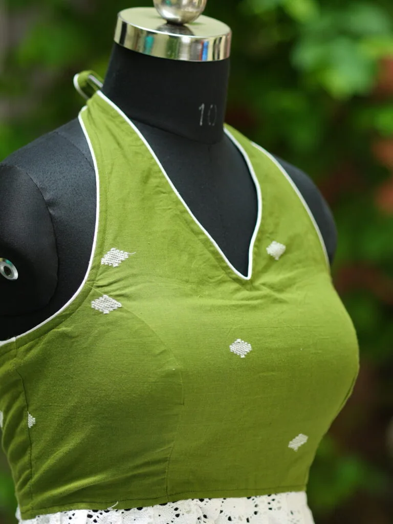 Bow Backless Jamdani Halter – Blouse in Pista, side view | Tilattama