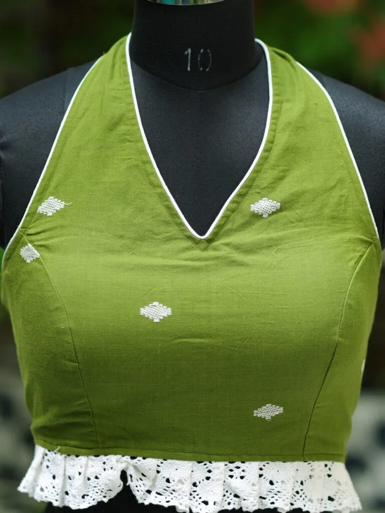 Bow Backless Jamdani Halter – Blouse in Pista | Tilattama