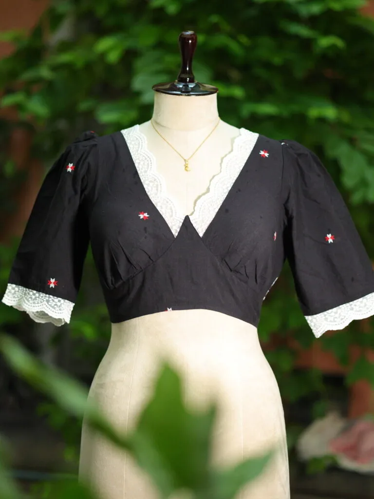 Chandrahar Jamdani Pro – Blouse in Black, front view | Tilattama