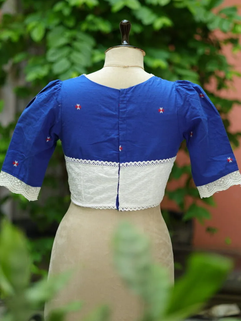 Chandrahar Jamdani Pro – Blouse in Royal Blue, back view | Tilattama