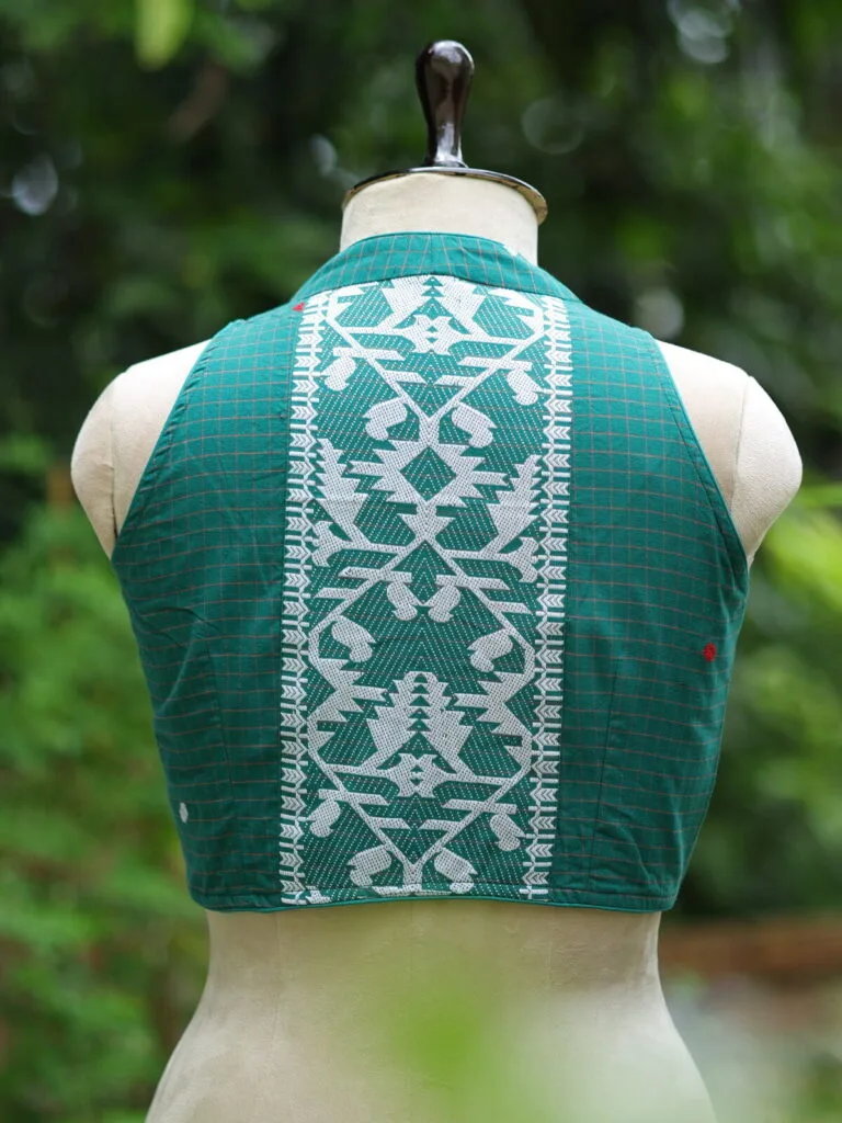 Check Jamdani Celeb Halter – Blouse in Rama green, back view | Tilattama