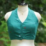 Check Jamdani Celeb Halter – Blouse in Rama green, front view | Tilattama