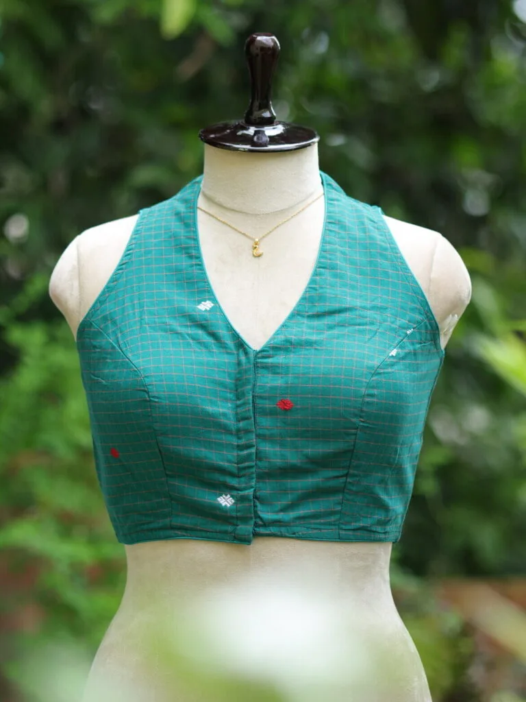 Check Jamdani Celeb Halter – Blouse in Rama green, front view | Tilattama