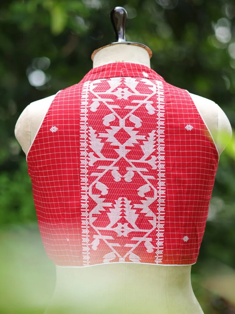 Check Jamdani Celeb Halter – Blouse in Red, back view | Tilattama