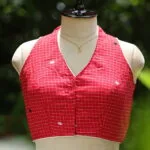 Check Jamdani Celeb Halter – Blouse in Red, front view | Tilattama