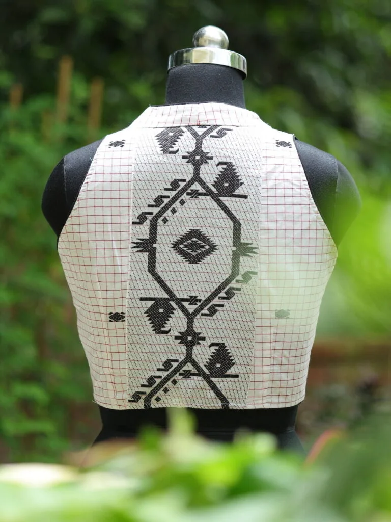 Check Jamdani Celeb Halter – Blouse in white & black, back view | Tilattama