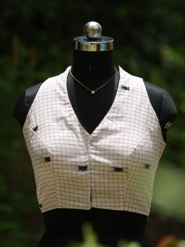 Check Jamdani Celeb Halter – Blouse in white & black, front view | Tilattama