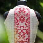 Check Jamdani Celeb Halter – Blouse in white & red, back view | Tilattama
