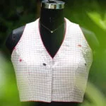 Check Jamdani Celeb Halter – Blouse in white & red, front view | Tilattama