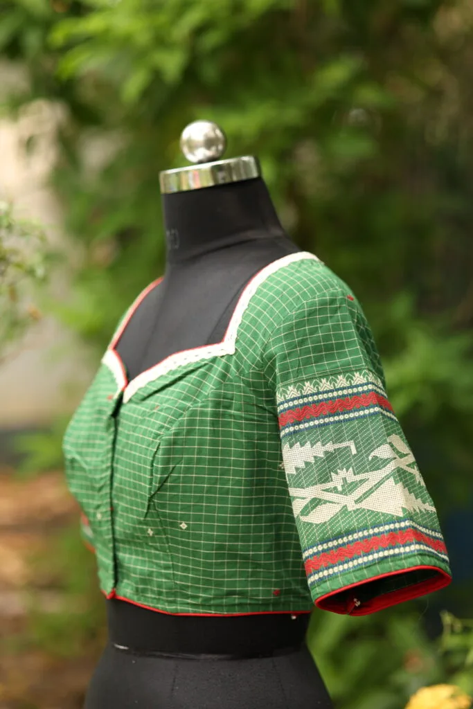 Check Jamdani jewel Neck - green