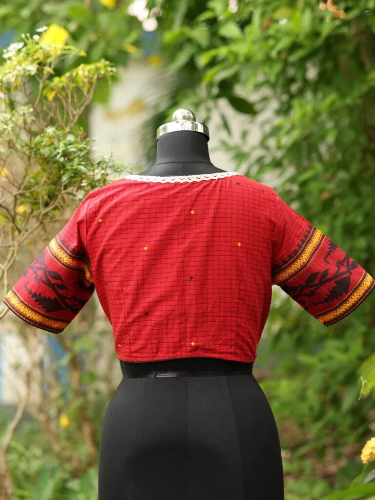 Check Jamdani jewel Neck - red