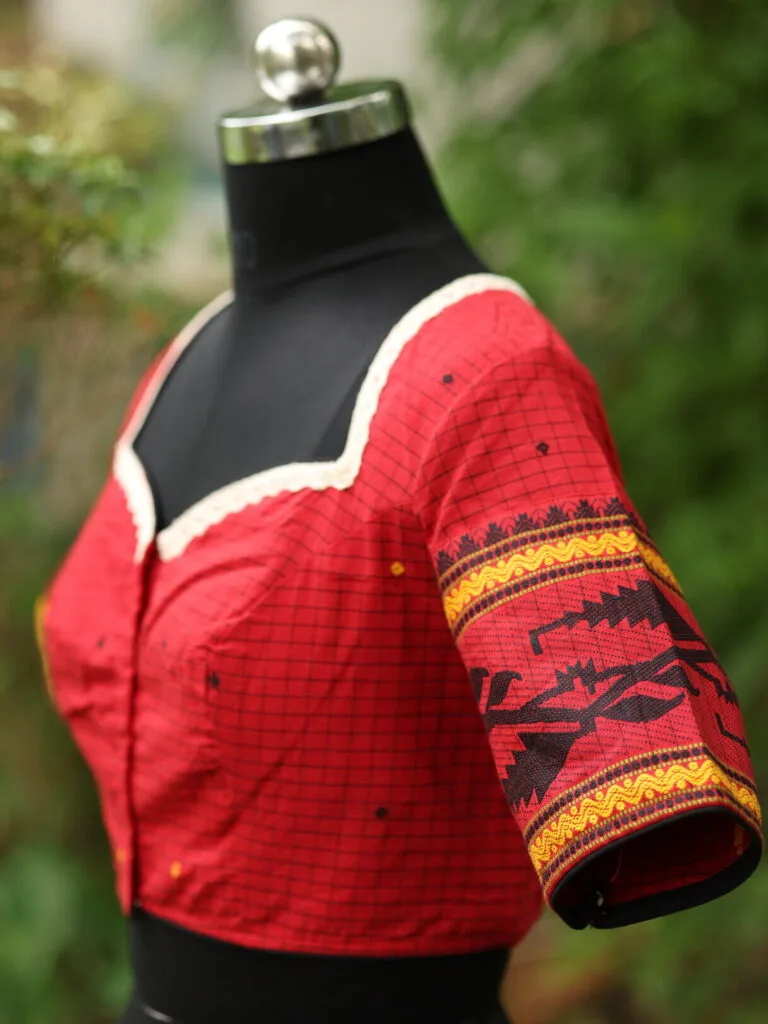 Check Jamdani jewel Neck - red