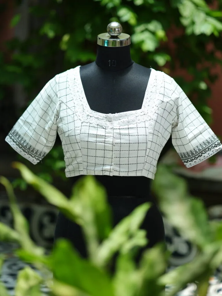 Check Jamdani N/P – Blouse in white, front view | Tilattama