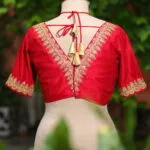 Contrast Katan Halter – Blouse in Red, back view | Tilattama