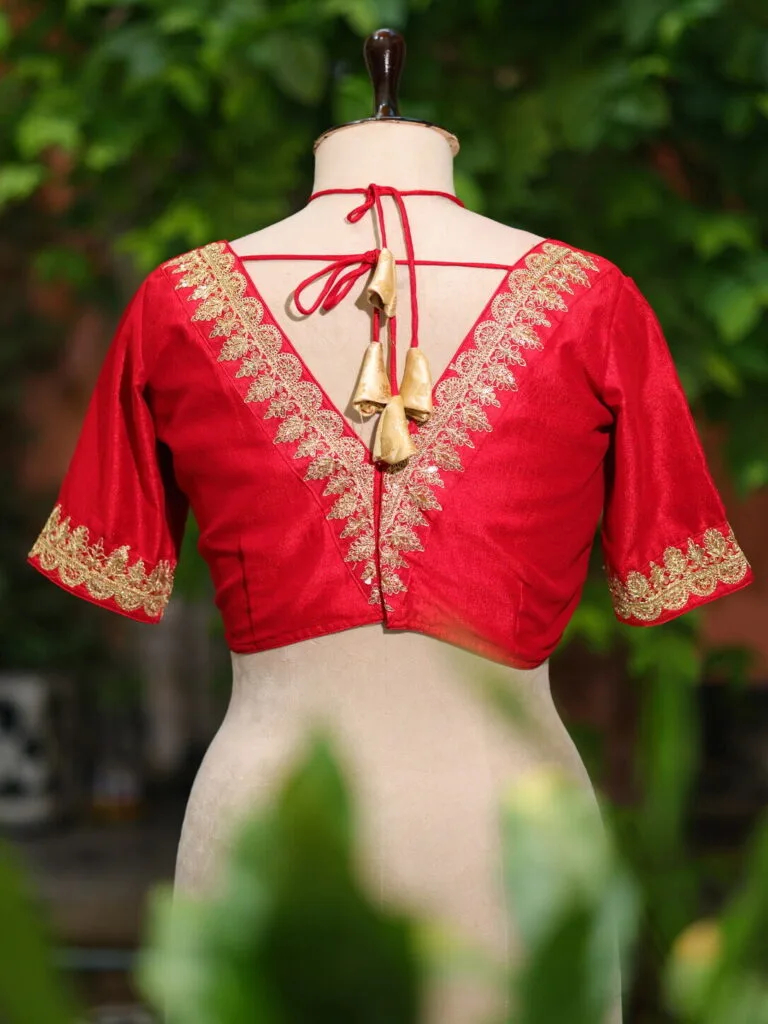 Contrast Katan Halter – Blouse in Red, back view | Tilattama