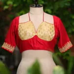 Contrast Katan Halter – Blouse in Red, front view | Tilattama