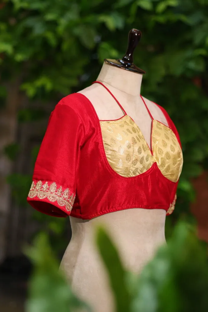 Contrast Katan Halter – Blouse in Red, side view | Tilattama