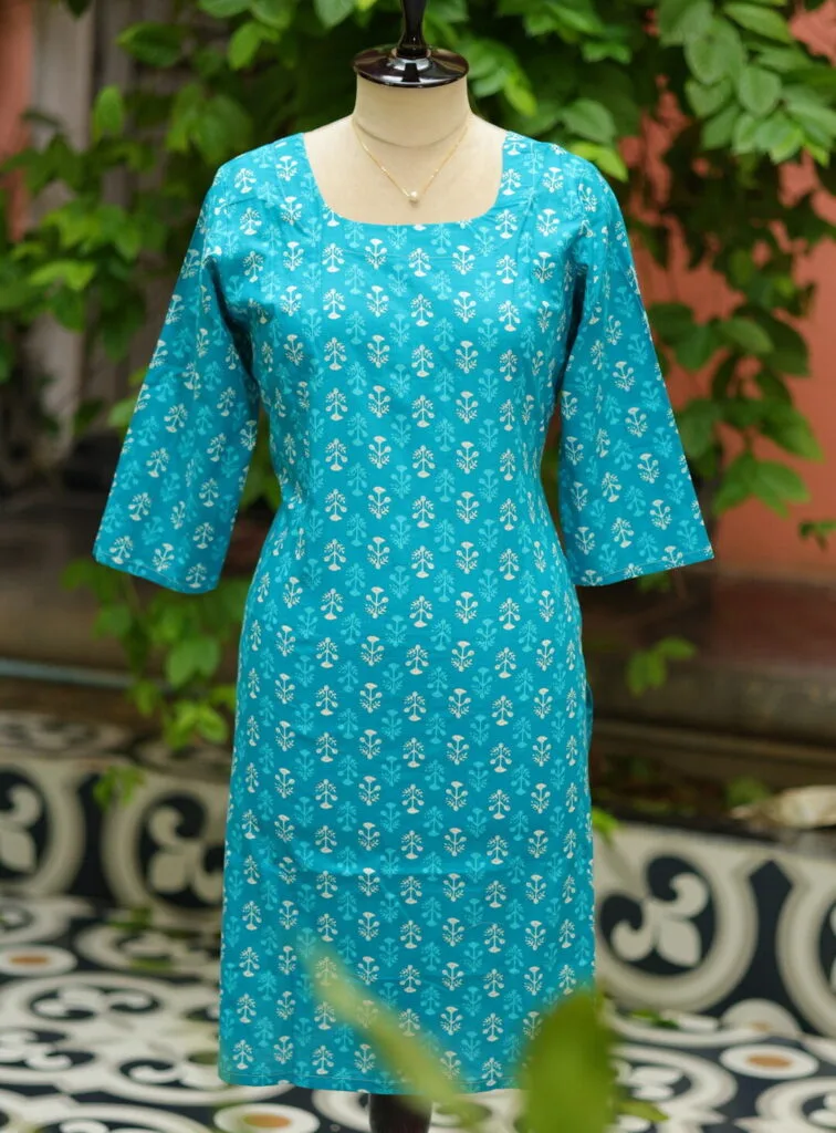 cotton Kurta – Kurti in Firoza, front view | Tilattama