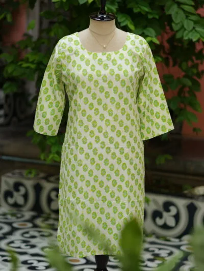 cotton Kurta – Kurti in Neon green, front view | Tilattama