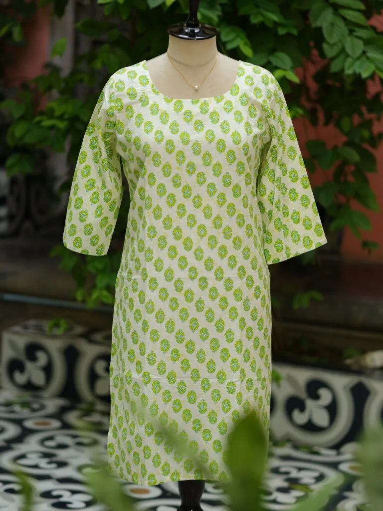 cotton Kurta – Kurti in Neon green, front view | Tilattama