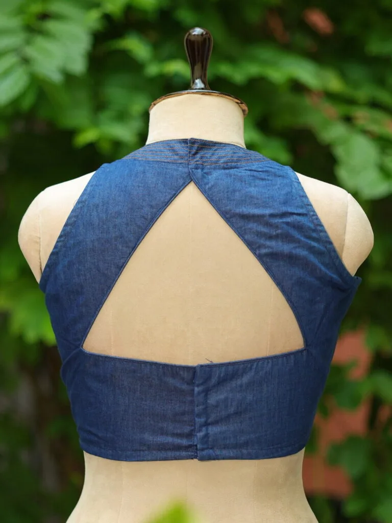 Denim Triangle Halter – Blouse in Blue, back view | Tilattama