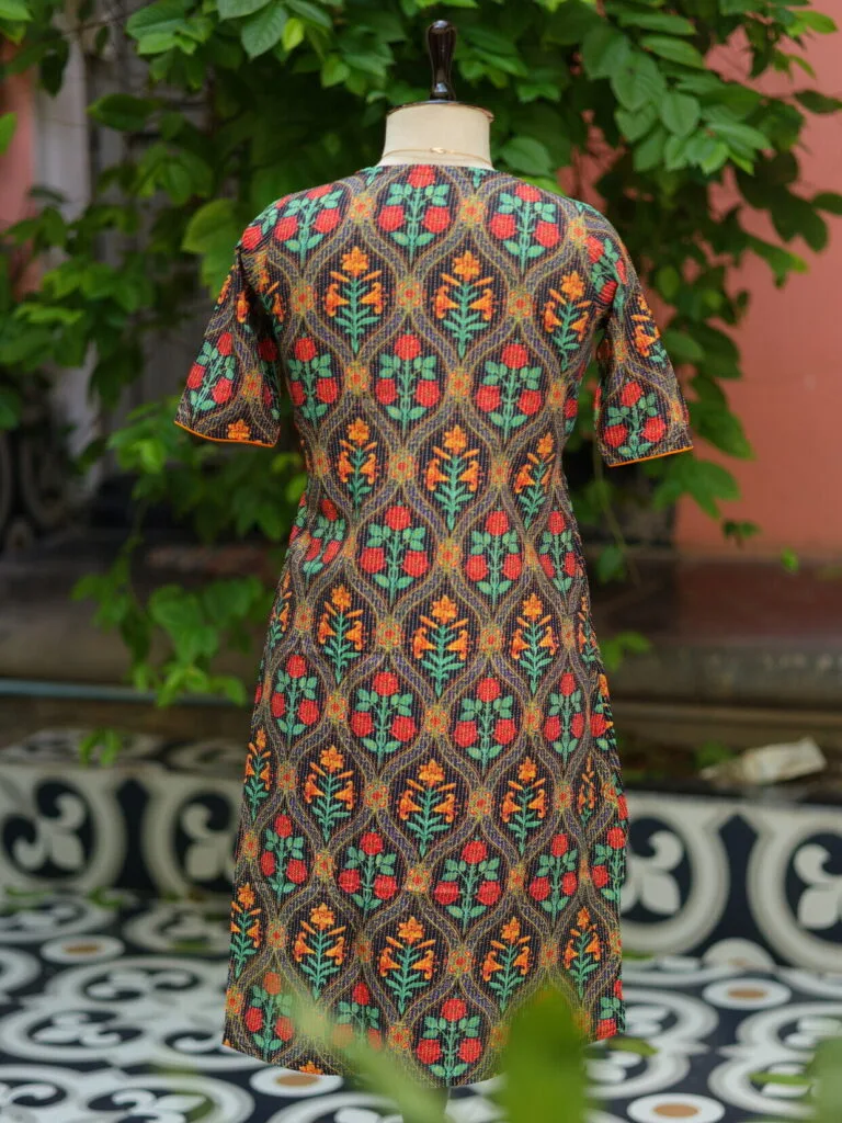Digital Kantha One Piece – Kurti in Black, back view | Tilattama