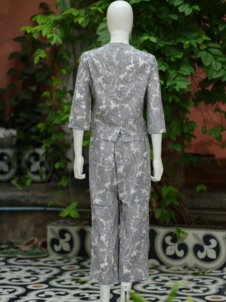 Digital Waist Coat Co ord set – Kurti in black & white, back view | Tilattama