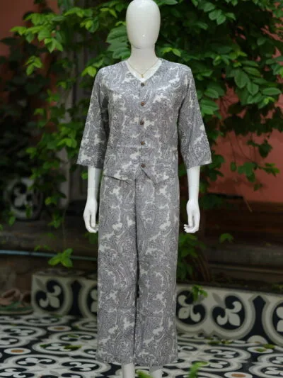 Digital Waist Coat Co ord set – Kurti in black & white, front view | Tilattama