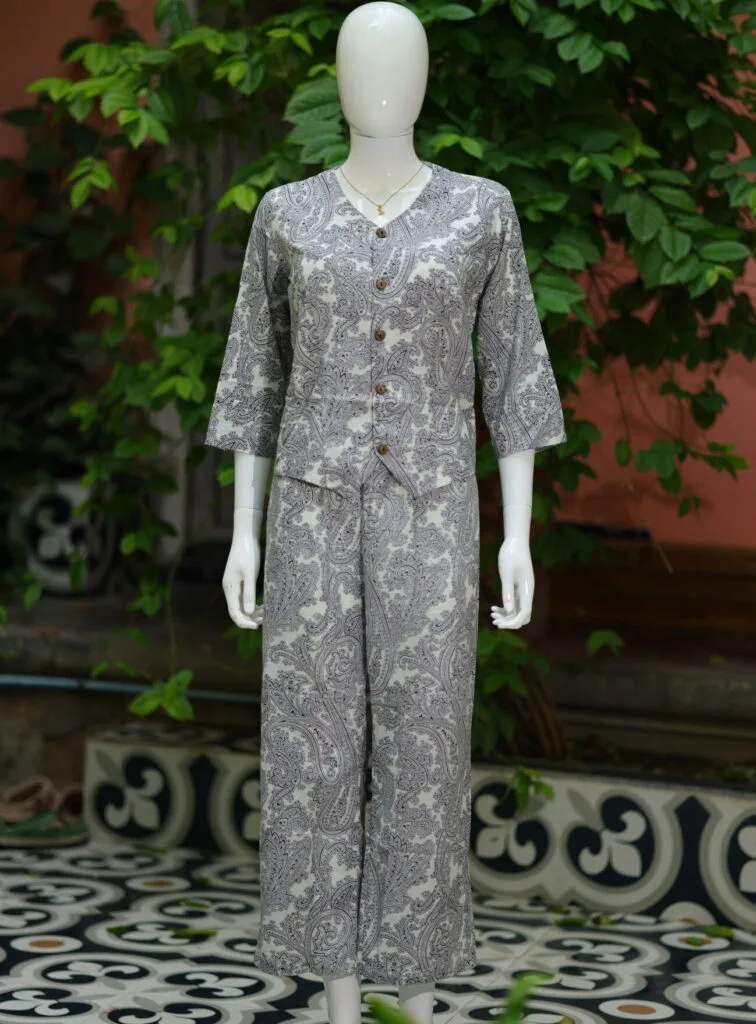 Digital Waist Coat Co ord set – Kurti in black & white, front view | Tilattama