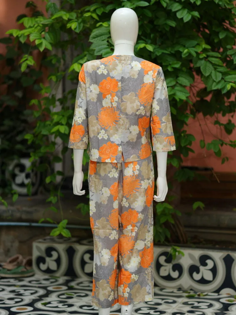 Digital Waist Coat Co ord set – Kurti in Gray, back view | Tilattama