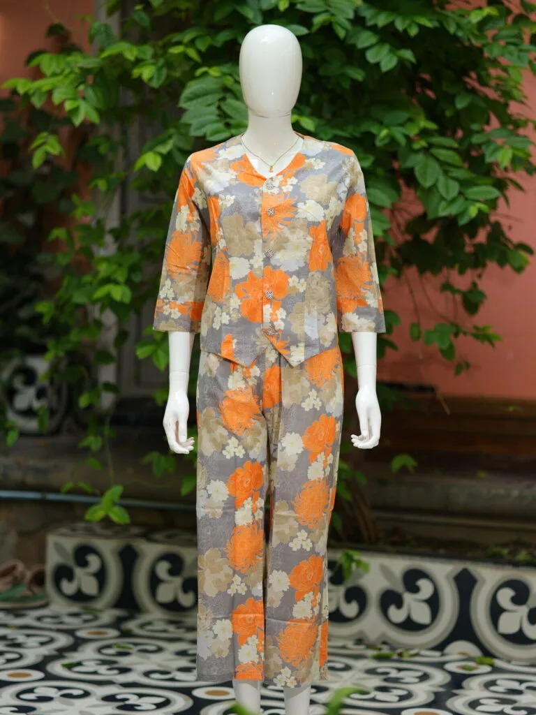 Digital Waist Coat Co ord set – Kurti in Gray, front view | Tilattama