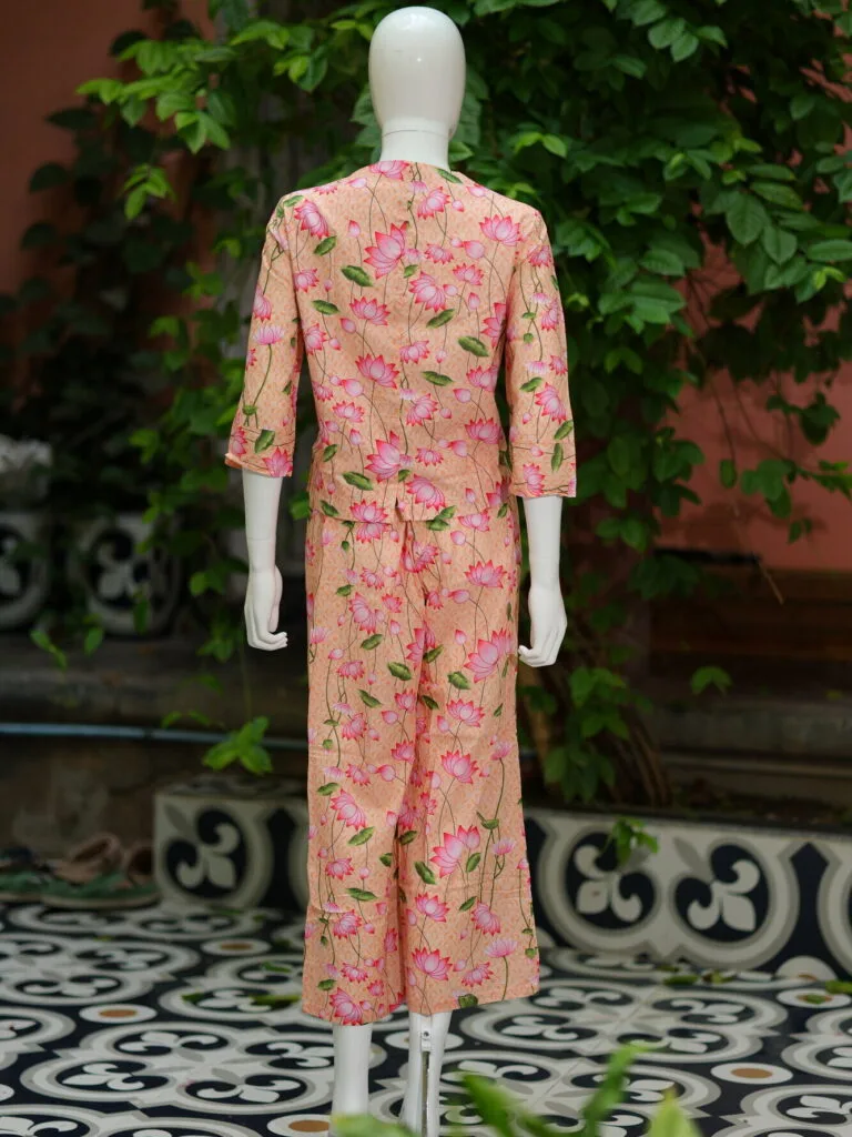 Digital Waist Coat Co ord set – Kurti in Peach, back view | Tilattama