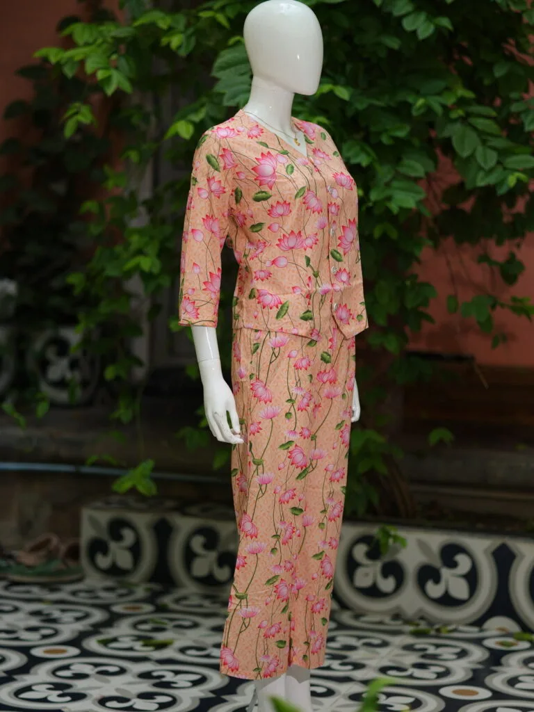 Digital Waist Coat Co ord set – Kurti in Peach, side view | Tilattama