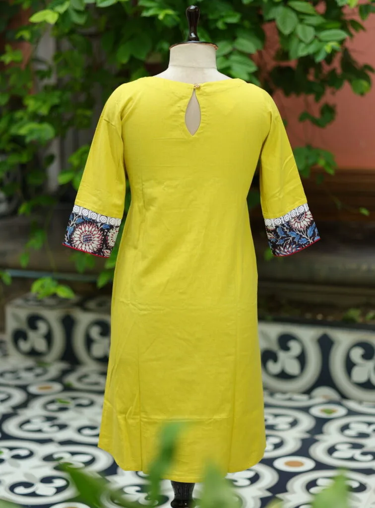 Floral Layerd One Piece – Kurti in Neon Pista, back view | Tilattama