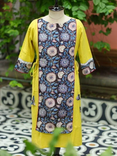 Floral Layerd One Piece – Kurti in Neon Pista, front view | Tilattama