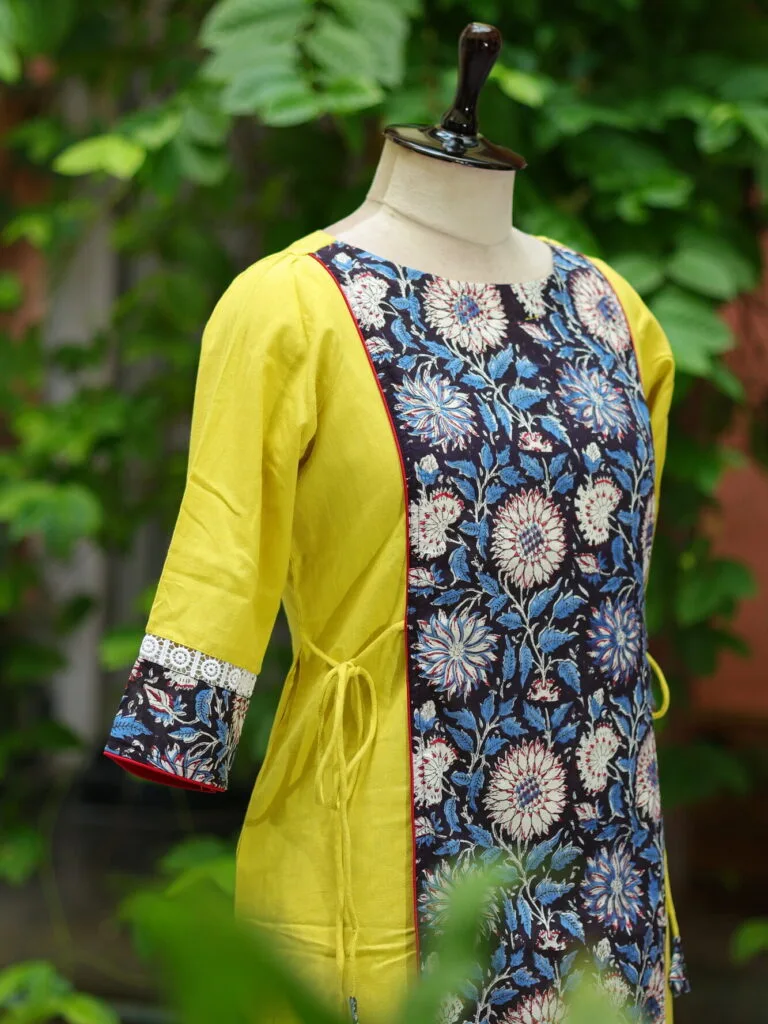 Floral Layerd One Piece – Kurti in Neon Pista, side view | Tilattama