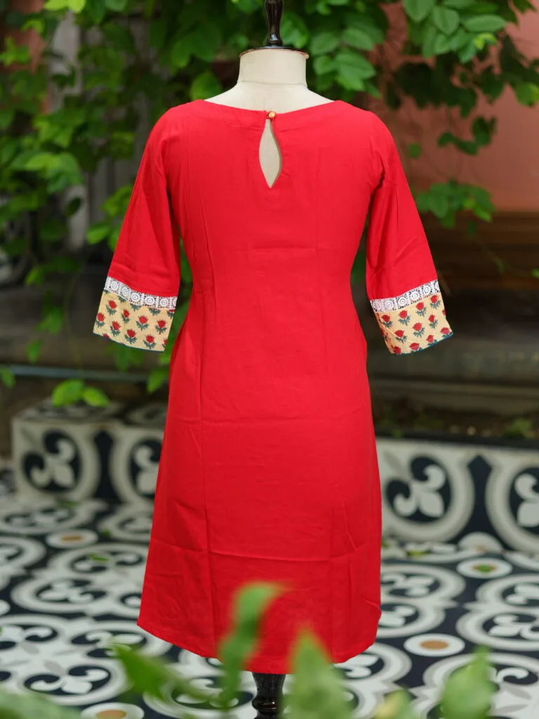 Floral Layerd One Piece – Kurti in Red, back view | Tilattama