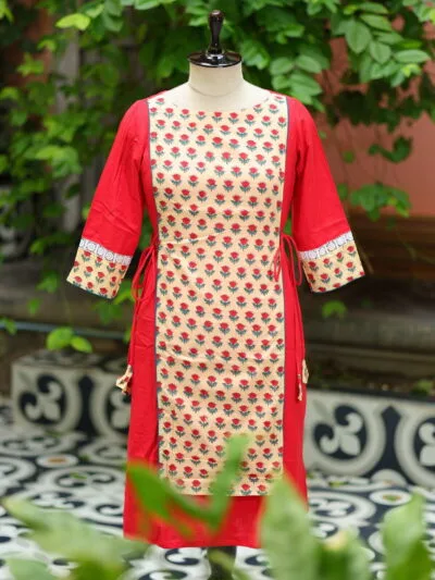 Floral Layerd One Piece – Kurti in Red, front view | Tilattama