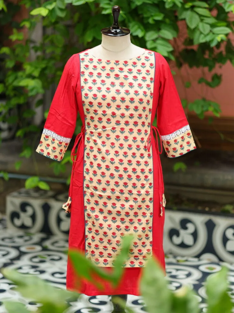 Floral Layerd One Piece – Kurti in Red, front view | Tilattama