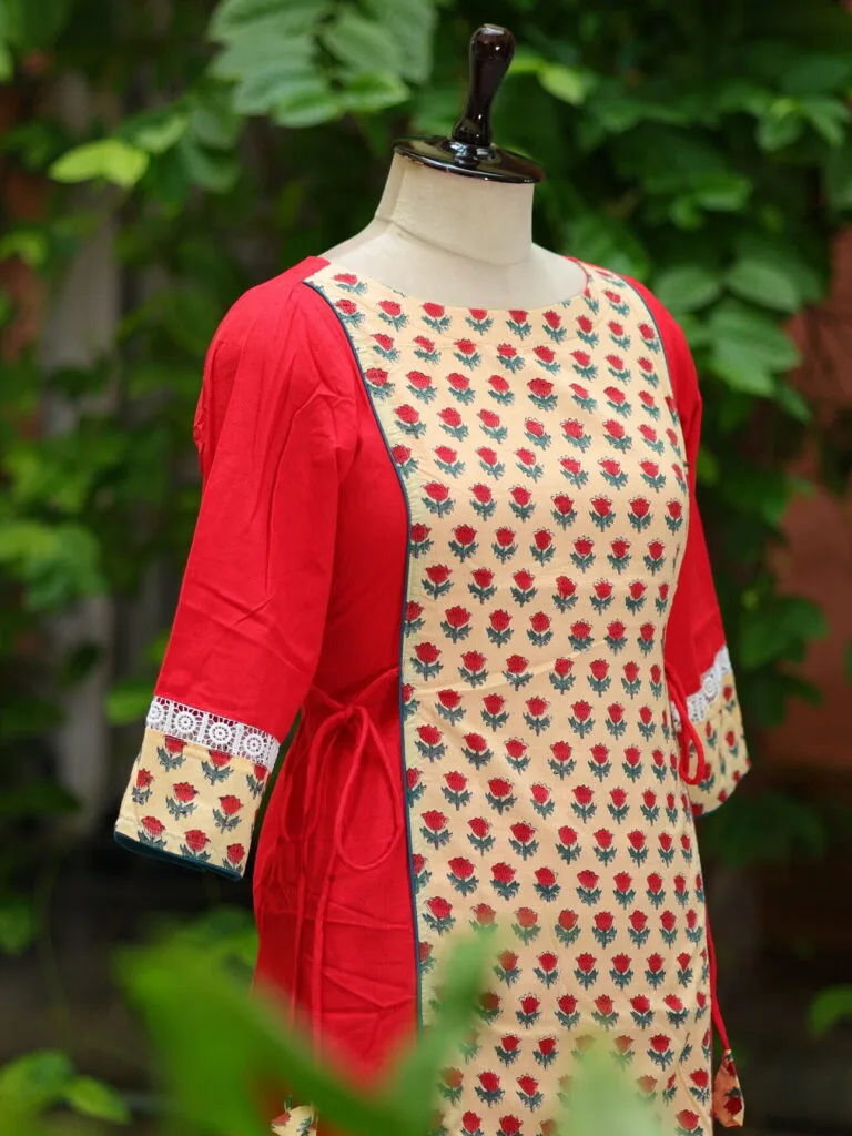 Floral Layerd One Piece – Kurti in Red, side view | Tilattama