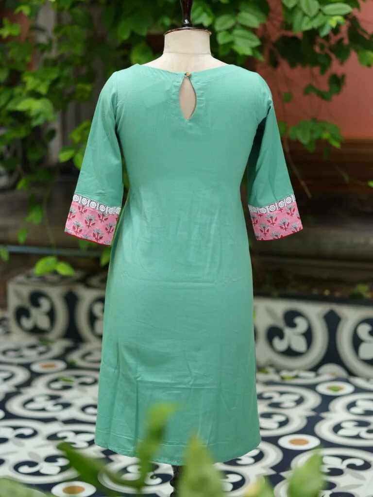 Floral Layerd One Piece – Kurti in Sea green, back view | Tilattama