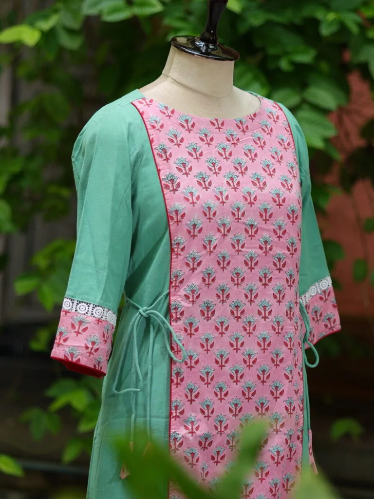 Floral Layerd One Piece – Kurti in Sea green, side view | Tilattama
