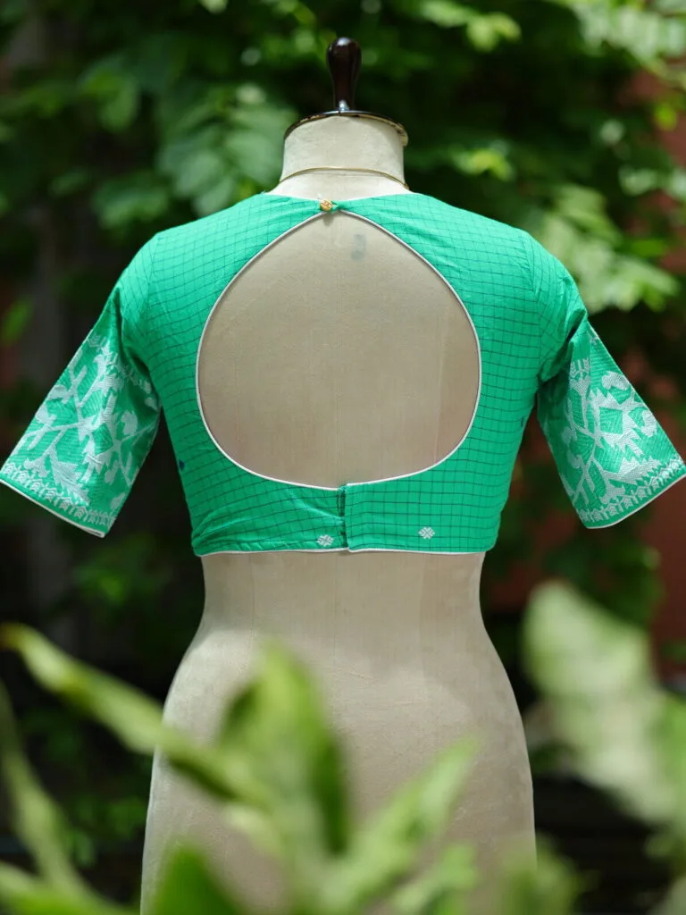 Jaharat jamdani – Blouse in parrot green, back view | Tilattama