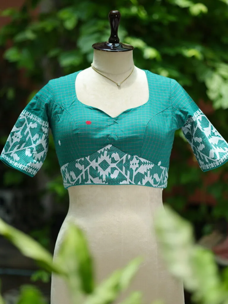 Jaharat jamdani – Blouse in Rama green, front view | Tilattama